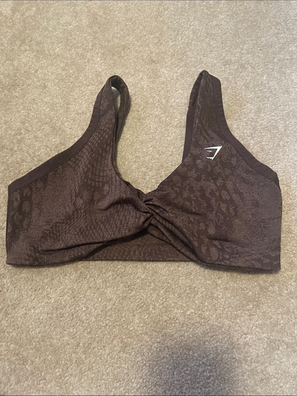 Gymshark Brown Twist-Front Sports Bra with Subtle Animal Texture